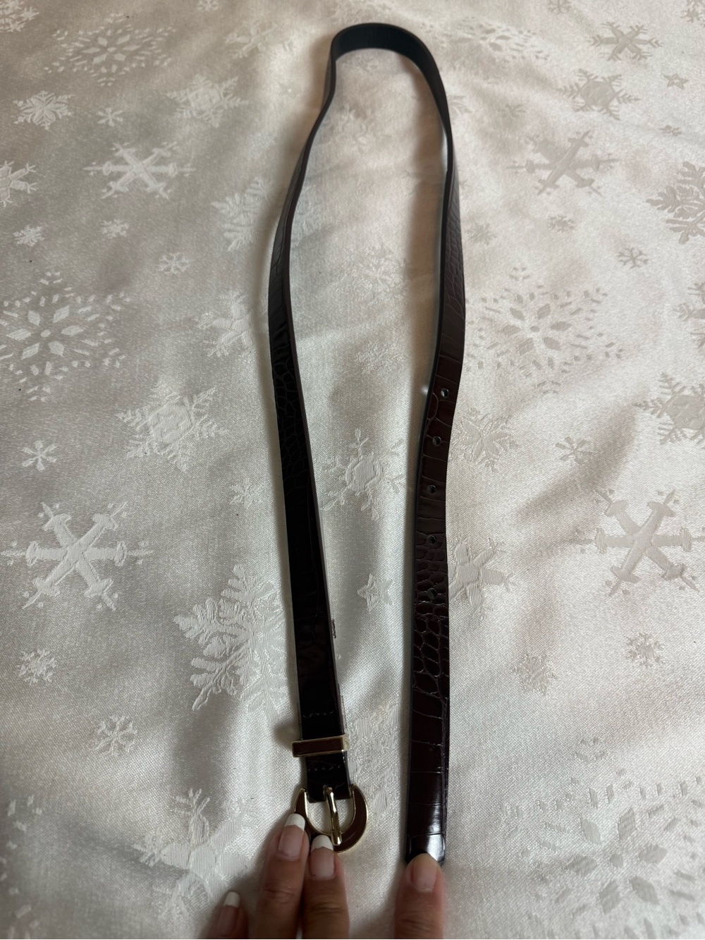 Brown Croc Embossed Skinny Belt Gold Buckle Medium Y2K Minimalist Preppy